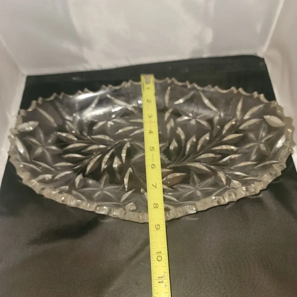 VINTAGE Large Clear Cut Glass Crystal Oval Serving Platter Starburst Pattern